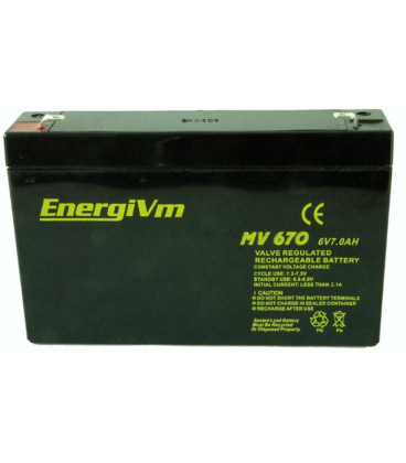 Bateria PLOMO 6V 7Ah AGM medidas 151x34x100mm ENERGIVM