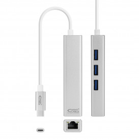 Conversor USB-C a Ethernet Gigabit + 3xUSB 3.0 Plata  15cm