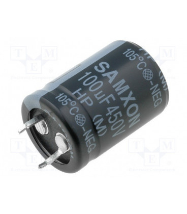 Condensador Electrolitico 100uF 450Vdc medidas 22x30mm 2Pin Snap