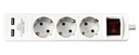 BASE Múltiple 3 Tomas Schuko + 2 tomas USB con Interruptor y Cable 1,5m Blanco